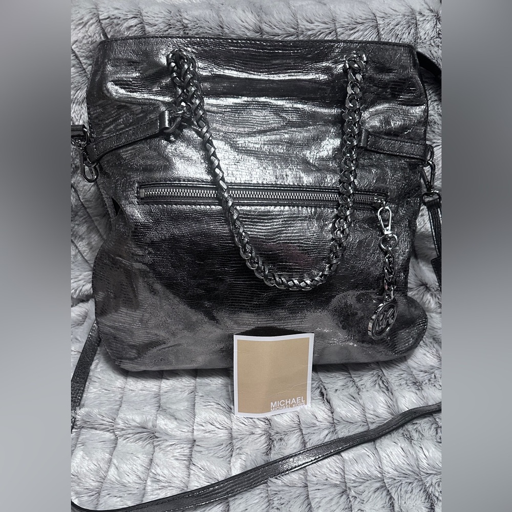 MICHAEL KORS Silver LACEY Nickle Leather Large Fold Over Tote